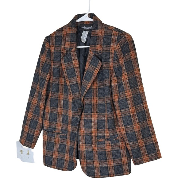 Sag Harbor Petite Vintage 90s Wool Blend Plaid Blazer Orange Brown Grey Size 10P - Picture 7 of 13